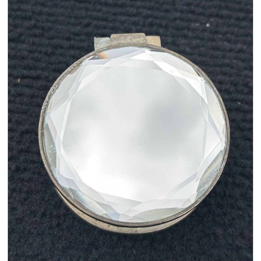 Vintage Brass Round Jewelry Ring Box Faceted Glass Lid Velvet Lined‎ Trinket Box